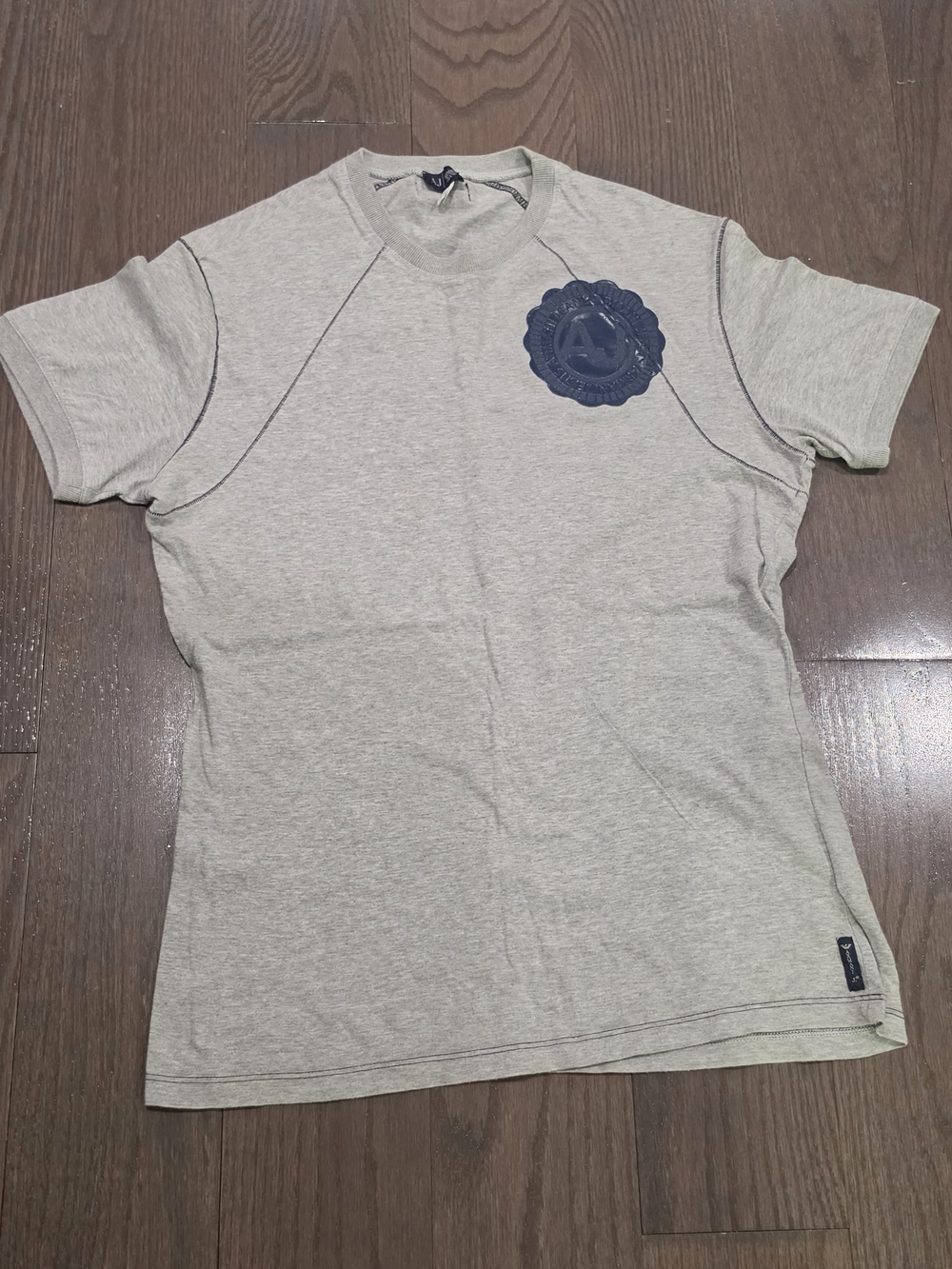 Armani Jeans Light Gray Crewneck T-Shirt with Navy Chest Emblem